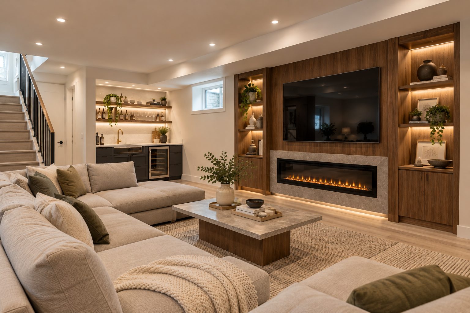 Finished basement with walnut media wall, linear fireplace, sectional sofa and wet bar